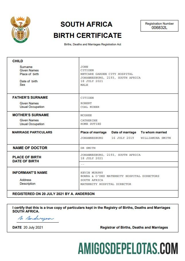 Em branco modelo Word e PDF de certidão de nascimento de registro vital da África do Sul